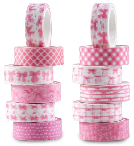 MIANRUII 12 Rolls Pink Bow Washi Tape Set,Bowknot Plaid Heart Tape Masking Tapes Decorative Pink Coquette Paper Tape For Art, DIY Crafts, Journals, Planners, Scrapbooking, Wrapping Decoration