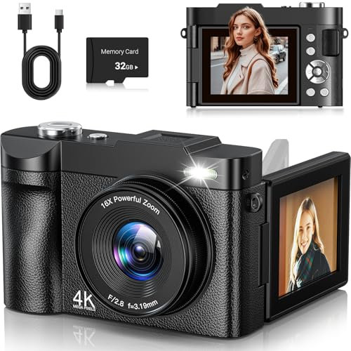 4K Digitalkamera 50MP Autofokus Fotokamera 16X Digitalzoom 2.8'' 180° Flip Screen Fotoapparat mit Selfie Kompaktkamera mit 32GB Karte für Teens Anfänger Erwachsene