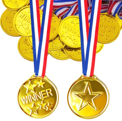 PORFOYO 100 Pezzi Medaglie per Bambini Giocattolo Medaglie di Plastica, Medaglie d'oro per Bambini Medaglie, Medaglie in Dorato con Nastro in Nylon Tricolore per la Scuola, Giornata dello Sport