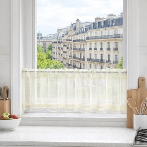 Yujiao Mao Voilage Brise-bise Transparent Rideau Court uni Style Moderne pour fenêtre Cuisine décoration Jaune Clair LxH 140x35cm