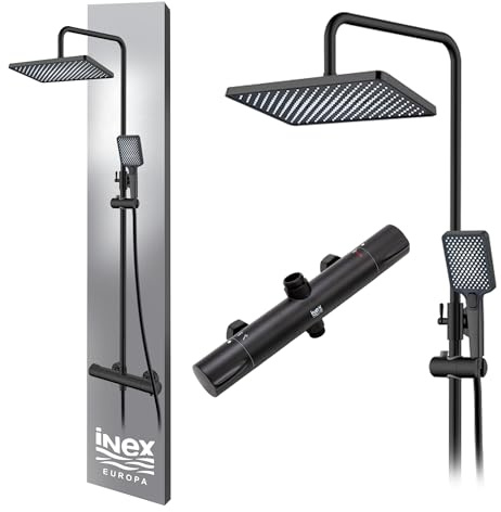 INEX EUROPA Columna de Ducha Termostática Negro Mate 2 Modos de Operación Alcachofa Ducha de Mano y Cabezal Ducha Cuadrado – Columna Ducha Termostática con Válvula de Seguridad y 10 Años de Garantía
