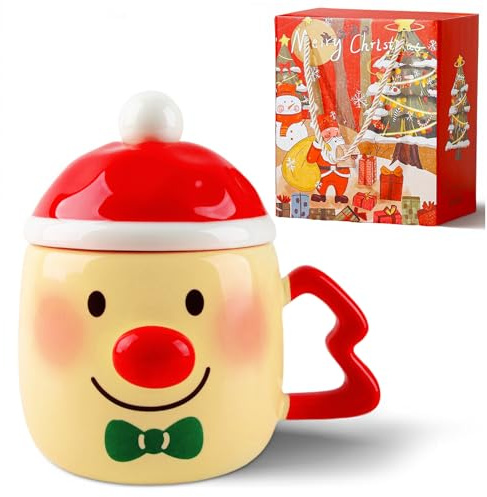 Dwafill Taza Navidad, 380ml Taza con Tapa, con Hermosa Caja de Regalo, Tazas NavideñAs de CeráMica 3d, Regalos Navidad, Apta para Leche, Café, Vino Tinto, Apta Para Todas las Estaciones (A)