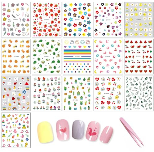 CHarmeFleur 16 hojas de calcomanías para uñas con pinzas, adhesivas, decoraciones 3D para uñas para mujeres, niñas y niños, set de accesorios de manicura para un estilo e