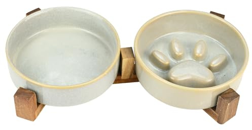 Keramik-Hundenapf-Set mit Standfüßen, Hundenapf Keramik Erhöht mit rutschfest Ständer, Langsamfressnapf Süße Pfoten-Design für Kleine und Mittelgroße Hunde, 2er Set Fressnapf Hund und Wassernapf
