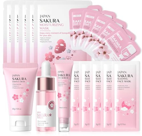 Kit per la Cura della Pelle Sakura 18 Pezzi, Sakura Skincare Set, Sakura Skin Care, Kit Skincare Viso Completo, Skin Care Kit, Prodotti Skincare Viso, Set Skincare Viso Completo per Ragazze e Donne