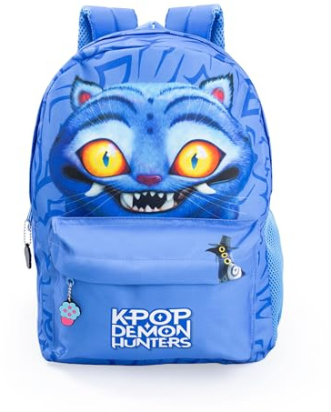 KPop Demon Hunters Derpy Tiger Blue Backpack | Zaino per bambini con tasca frontale con zip | Spallacci imbottiti e cinghia pettorale | Merchandising K-Pop Demon Hunters