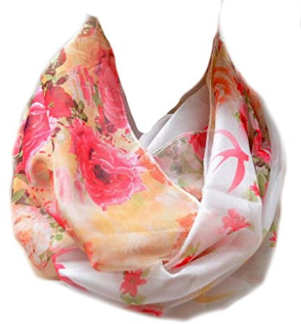 Euly Loop Schal Seide Seidentuch Halstuch Tuch Schlauchschal Damen Vogel Blumen Rosa (Weiß-Rot)