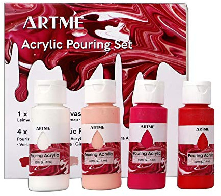 Artme Set med akrylhällfärg – inkluderar 4 x akryl med högt flöde (60 ml), 1 x duk (20 x 20 cm) – nybörjarkit, boost-up-leverantör, hobby, startare, konstnär, gåvor (rosenkvarts)