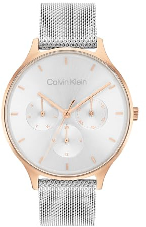 Calvin Klein Analogue Multifunction Quartz Watch for Women Timeless MESH MF Collection with Silver Stainless Steel Mesh Bracelet - 25200106