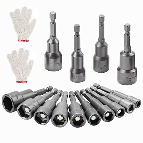 HSEAMAL 10 Stück Stecknuss Set Magnete Sechskant Stecknuss,6-15mm Steckschlüssel Satz,Anschrauben Schraubenschlüssel für Bohrer