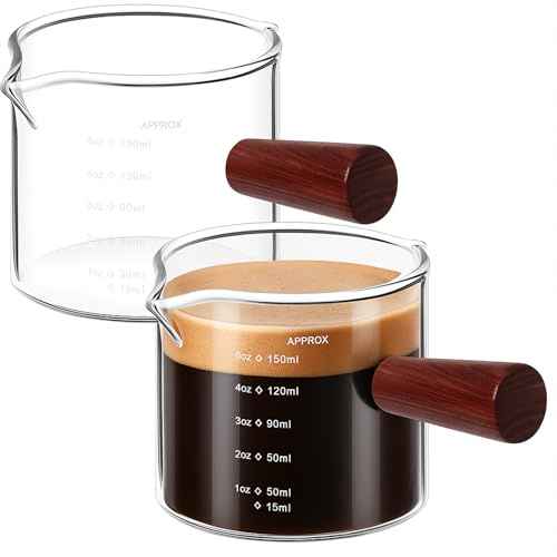 2 Pack Espresso Cups 5oz, Expresso Shots Cup, Double Spouts Cups, Shot Glasses with Wood Handle Measuring Triple Pitcher Milk Cup Clear Measuring Coffee Shot Glass for Barista Coffee Measure