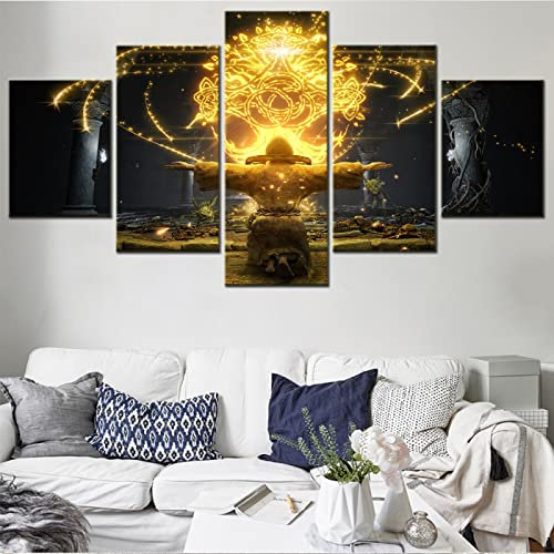 VEYEBZ 5 Stück Leinwandgemälde Wandkunst Elden Ring,Spielplakat HD Bild 5 Teiliges Leinwand Drucke 200×100cm Mit Rahmen Modulare Wandmalerei Abstraktes Poster Zimmer Dekoration Geschenk