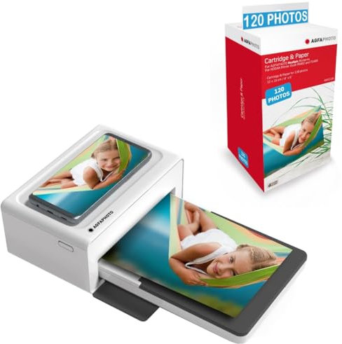 AGFA Photo Realipix Moments Drucker-Paket + Patronen und Papiere für 120 zusätzliche Fotos – Bluetooth-Fotodruck 10 x 15 cm Smartphone Apple und Android, 4 Pass Sublimation Thermal – Weiß