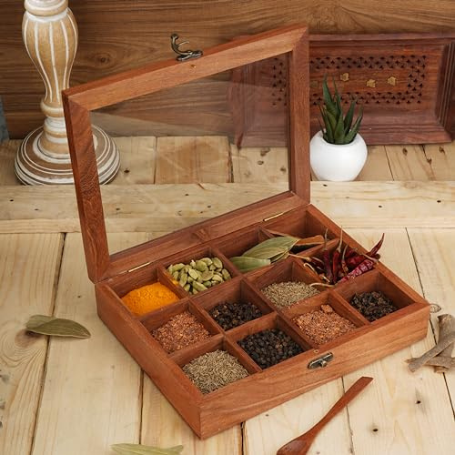 Ajuny Bois Boîte À Épices Couvercle Verre 12 Fixé Compartiments & Cuillère