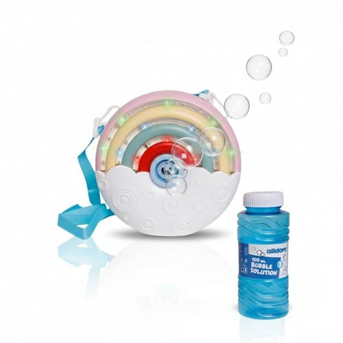 alldoro 60613 Machine à Bulles de Savon Rainbow avec Effet Lumineux - Blanc avec Couleurs Arc-en-Ciel - 100 ML d'eau savonneuse Incluse - Portable