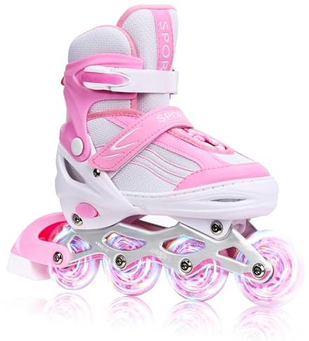 Kids Inline Skates for Girls Boys with All Wheels Illuminating, Adjuatable Mens and Womens Roller Skates Blades for Beginner in Outdoor and Indoor (Pink&White, Large - Teens&Youth)