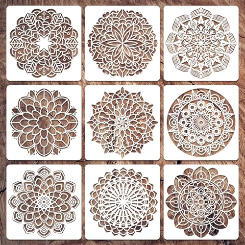 Yosugar 9 stycken mandala-mallar, väggmallar, målningsmallar för scrapbooking teckning spårning vägg husdekoration gör-det-själv presentkort presenter barn (Mandala-9 st)