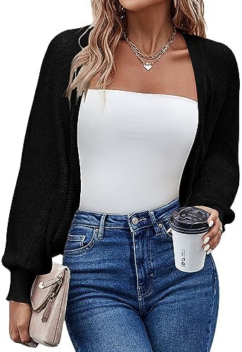 Hotouch Cardigan para Mujer Escote Cuello en V de Punto Manga Larga Elegante Color Sólido Corta Chaqueta Bolero Punto Básico Suéter Negro XL