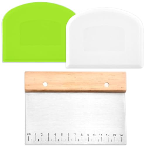 Dough Scraper Set, 1 Wooden Handle Stainless Steel Dough Scraper, 2 Plastic Dough Scrapers, Multi-Purpose Cake Scraper, Suitable for Pizza, Dough, Cake, Baking, and Cream Coating