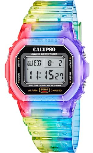 CALYPSO Reloj Digital Hombre y Mujer - Unisex de Caucho Multi - Resistente al Agua 5 ATM Fecha y Calendario, Cronógrafo, Doble Horario, Luz, Alarma, 12 y 24 Horas K5874/6 - Color Splash