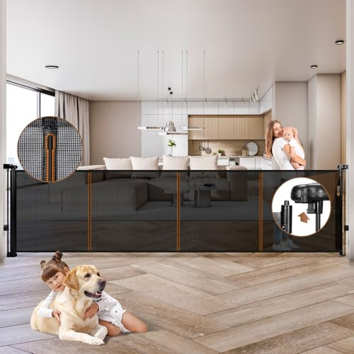 200.1 Retractable Baby Gate Extra Wide, 41 Tall Retractable Dog Gate for Stairs, Doorways, Decks, Mesh Gate Long Child Gate Pet Gate for Indoor, Outdoor, with Reinforced Mesh Rods, Dual Locks