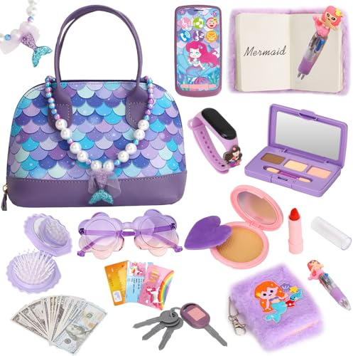 Set di borsetta da ragazza con trucco da gioco – giocattolo di ruolo creativo per ragazze dai 3 ai 6 anni, con borsa, accessori e set da trucco (sirena viola)