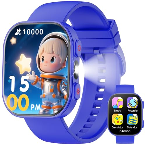 Mingdaln Children's Smartwatch for Boys and Girls, TFT 1.83 Screen Smart Gaming Watch, Heart Rate/Music Player/Calculator/Flashlight/Pedometer/Storybook/Learning Vocabulary (Blue)