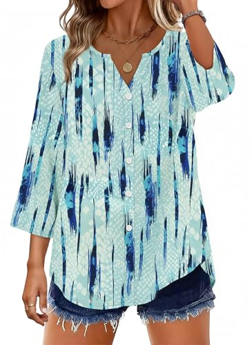 Aokosor Womens 3/4 Sleeve Tops Ladies Blouses V Neck Tunic Button Shirts Curved Hem