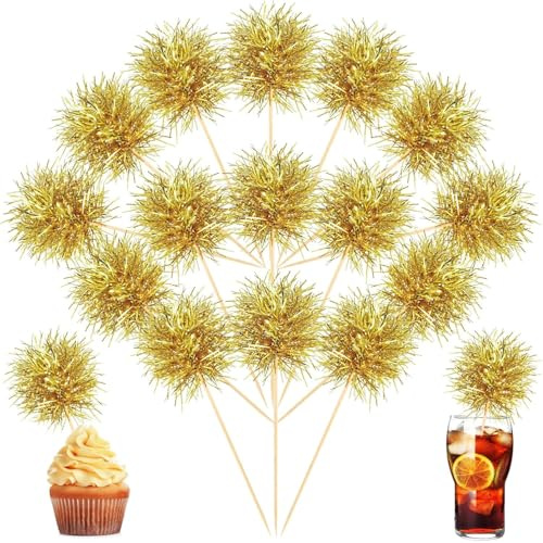 20 decorazioni per cupcake in lamina dorata, con effetto fuochi d'artificio, decorazioni per torte di Capodanno, cocktail, frutta, stuzzicadenti per compleanni, matrimoni, feste di laurea