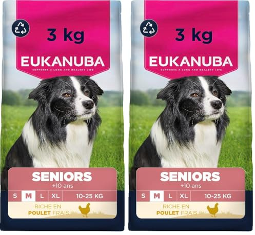 EUKANUBA Life Care Croquettes Chien Senior Race Moyenne 10 Ans et Plus, Riche en Poulet Frais, Glucosamine, chondroïtine, L-carnitine, prébiotiques, sans colorants, arômes artificiels ni OGM - 3 kg