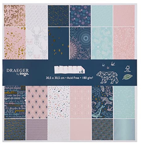 Toga - Papier Scrapbooking, Nachtblau und Pastellrosa, Origami Tiere und Sterne - 30,5 x 30,5 cm