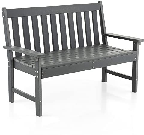 COSTWAY Gartenbank wetterfest, Allwetter-Sitzbank aus HDPE, Parkbank für 2-3 Sitzer, Balkontank bis 320kg belastbar, Terrassenbank für Garten, Balkon und Terrasse, 132 x 65 x 91 cm, Grau