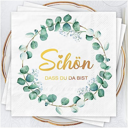 AFYHH Servietten Hochzeit Geburtstag Eukalyptus Grün 80Stück 3-Lagige Servietten Taufe Kommunion Happy Birthday Napkins Tischdekoration Decor Servietten Schön Dass Du Da Bist Weiß Papierservietten