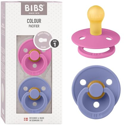 BIBS Colour Soother 2-Pack, BPA Free Dummy Pacifier, Round Nipple. Natural Rubber Latex, Made in Denmark, Size 1 (0-6 Months), Bubblegum/Peri