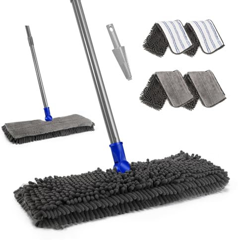 Myiosus Wischmopp, Bodenwischer, Chenille Flachmopp mit 4 Doppelseitigen Wischpads, 127cm Wischer Boden mit 360° Drehkopf, Mikrofaser bodenwischer Set für Hartholz Laminat Fliesen, Senden 1 Schaber