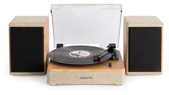 CREATE/Record Player Pro/Tocadiscos Madera Natural con 2 Altavoces externos / 3 velocidades de reproducción, Bluetooth 5.3, Salida RCA, Sistema Hi-Fi, Todo Tipo de vinilos