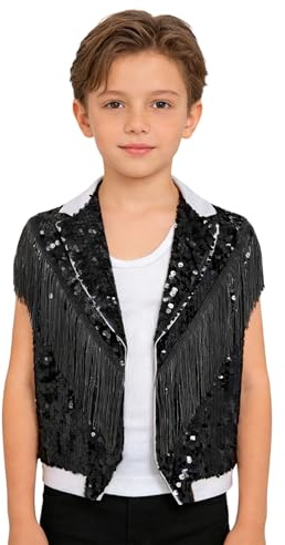 Aislor Kids Boys Tassel Sequin Vest Waistcoat Sleeveless Jazz Hip Hop Ballet Dance Tops Performance Party Jacket Black 16 Years