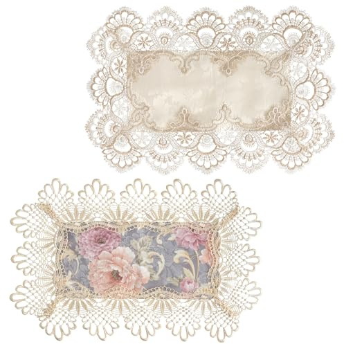 Cheynn 2 Stück Vintage Blumen Spitzendeckchen, 45×30cm Rechteck Tischdeckchen Leinen Tischdecke Rustikale Bestickt Tischsets Beige Tischauflage für Zuhause Küche Esszimmer Couchtisch Kommode Teeparty