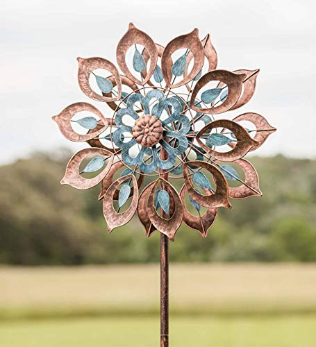 Mesmerizing Copper Lily Wind Spinner Dual-Tone | Petal-in-Petal Design | Independent Rotors | Brushed Copper & Antique Blue |All Seasons | 24 Wx75 H