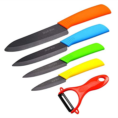 Wolf War keramisk kniv, keramisk knivset med skyddskåpa, köksknivset med 4-delad kniv och 1 skalare, kockknivset för kött, frukt, grönsaker