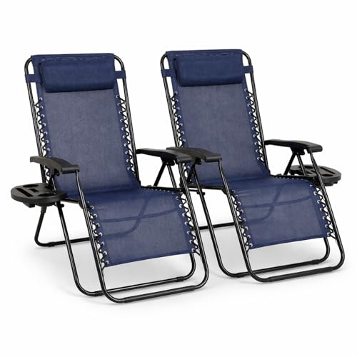Straame Garden | Zero Gravity Chair | Set of 2 | Heavy Duty Textoline | Outdoor & Garden Sunloungers | Reclining & Folding Chair with Cup Holder and Headrest Pillow (Navy)