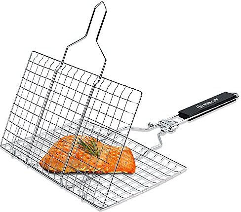 FSYEU Grillkorb, Fischbräter Gemüsekorb Faltbar BBQ Grillroste Grill Basket, Tragbares Grill Fischhalter mit Abnehmbarem Holzgriff & Aufbewahrungstasche, für Fisch Gemüse Steak Garnelen