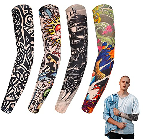 BBTO 4 Mangas Elásticas de Tatuajes Temporales de Nailon, Mangas Falsas de Tatuaje de Brazo de Arte, Mangas de Protección Solar de Brazos Accesorios de Deslizamiento (Estilo Divertido)