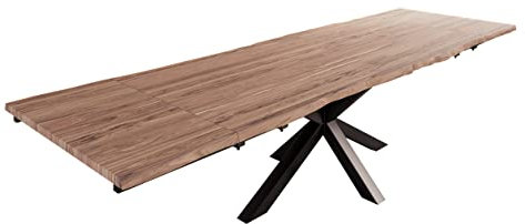 SAM Baumkantentisch 220 (320) x 100 cm Janosh, Akazienholz massiv & stonefarben, Esstisch inkl. 2 Ansteckplatten 50 x 100 cm, echte Baumkante, Spider-Metallgestell in Schwarz