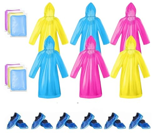 6 Pack Emergency Waterproof Poncho with Drawstring Hoods and Shoe Covers Transparent Lightweight Rain Coats for Travel Hiking Camping Cycling & Outdoor Activities