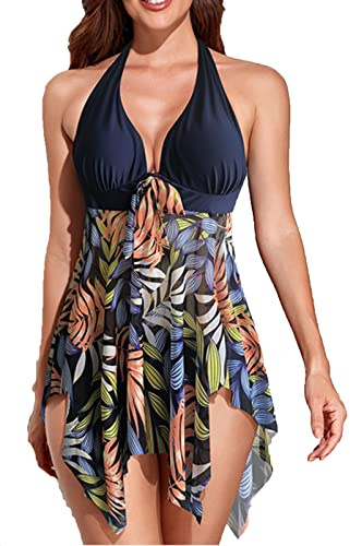 CIZEUR Tankini Donna Push up Due Pezzi Costume da Bagno Taglie Forti con Pantaloni 3XL Blu Navy