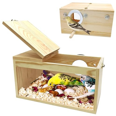 PINVNBY Naturholz Sittich Nistkasten Wellensittich Zuchtkasten Acryl Vogelnest für Käfig Transparent Panorama für Papageien, Nymphensittiche, Kanarienvögel und andere kleine Vögel