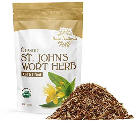 Halo Naturals Organic St. John's Wort Herb Cut & Sifted, 4 Ounces (Hypericum perforatum) USDA Certified | Resealable Pouch| Packaged in The USA (Pack of 1)