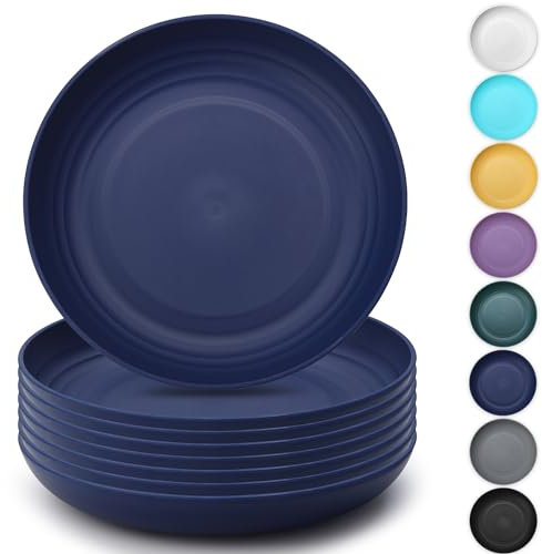 Kyraton Large Deep Plastic Plates - 8 Piece Set, 9 Inch Dinner Plates, Unbreakable and Reusable, Light Weight, Microwave Safe