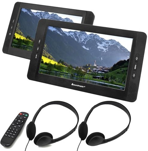 Soundmaster PDB1850SW tragbarer DVD-Player | Auto Fernseher | 2 Monitore 10.1 Zoll 16:9 | 2 Kopfhörer + Kopfstützenhalterungen | Akku 5.000 mAh | Fernbedienung | USB/SD | Last Memory (Hörbuchfunktion)